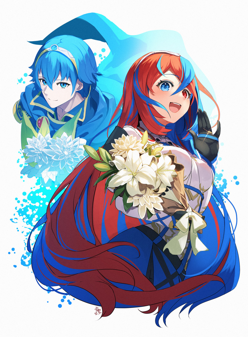 1boy 1girl alear_(female)_(fire_emblem) alear_(fire_emblem) blue_cape blue_hair bouquet cape circlet crossed_bangs fire_emblem fire_emblem_engage flower heterochromia highres holding holding_bouquet jewelry long_hair marth_(fire_emblem) multicolored_hair nakabayashi_zun open_hand open_mouth red_eyes red_hair ring split-color_hair teeth upper_body upper_teeth_only very_long_hair white_background