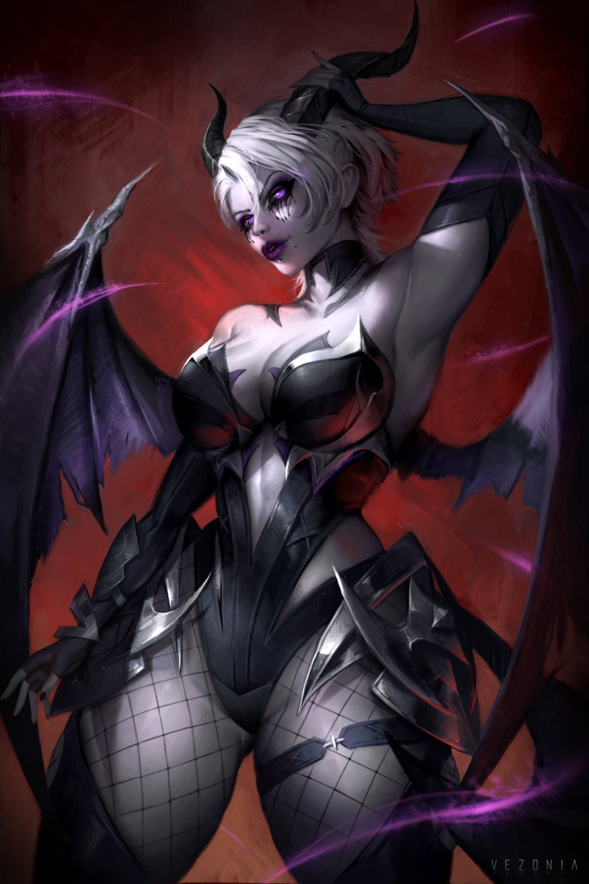 1girl absurdres armpits artist_name bare_shoulders black_gloves black_horns black_sclera breasts cleavage colored_sclera colored_skin commission demon_girl demon_horns demon_wings elbow_gloves fingerless_gloves fishnet_pantyhose fishnets gloves gradient_background grey_hair grey_skin highres horns large_breasts original pantyhose parted_lips purple_eyes purple_lips red_background short_hair solo teeth torn_wings vezonia wings