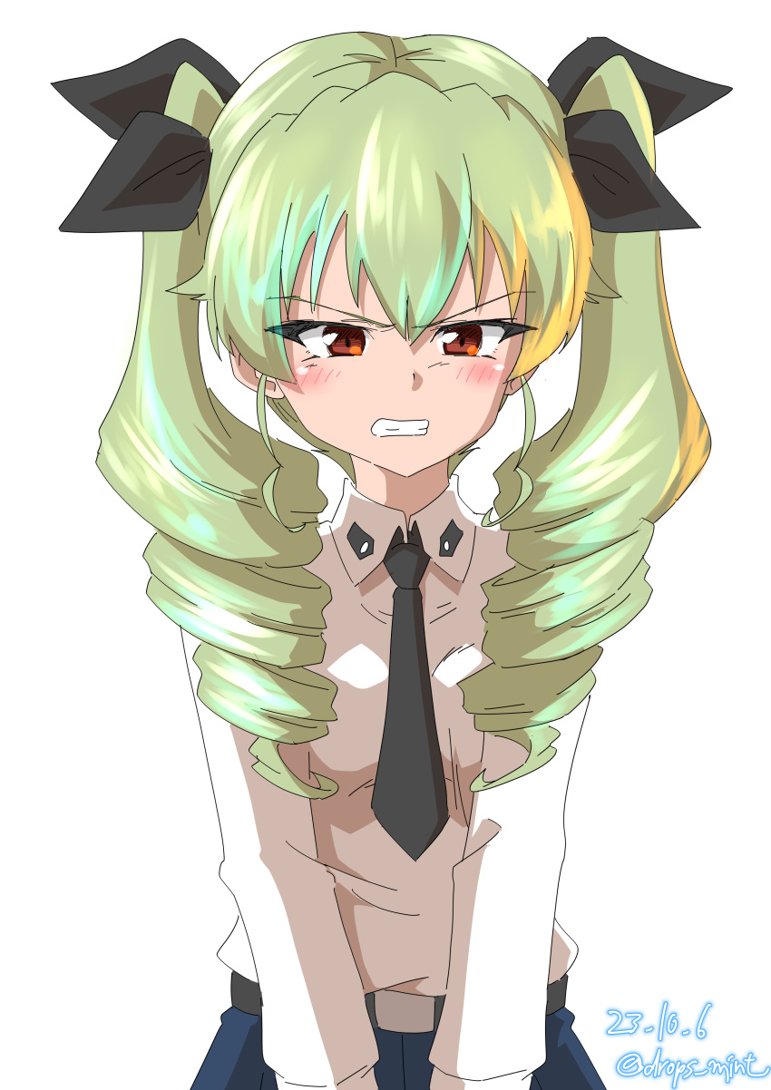1girl absurdres anchovy_(girls_und_panzer) anzio_school_uniform belt black_belt black_necktie black_ribbon blue_skirt commentary dated dress_shirt drill_hair drops_mint frown girls_und_panzer glaring green_hair grimace hair_ribbon highres long_hair long_sleeves looking_at_viewer necktie no_cape pleated_skirt red_eyes ribbon school_uniform shirt simple_background skirt solo standing twin_drills twintails twitter_username white_background white_shirt wing_collar