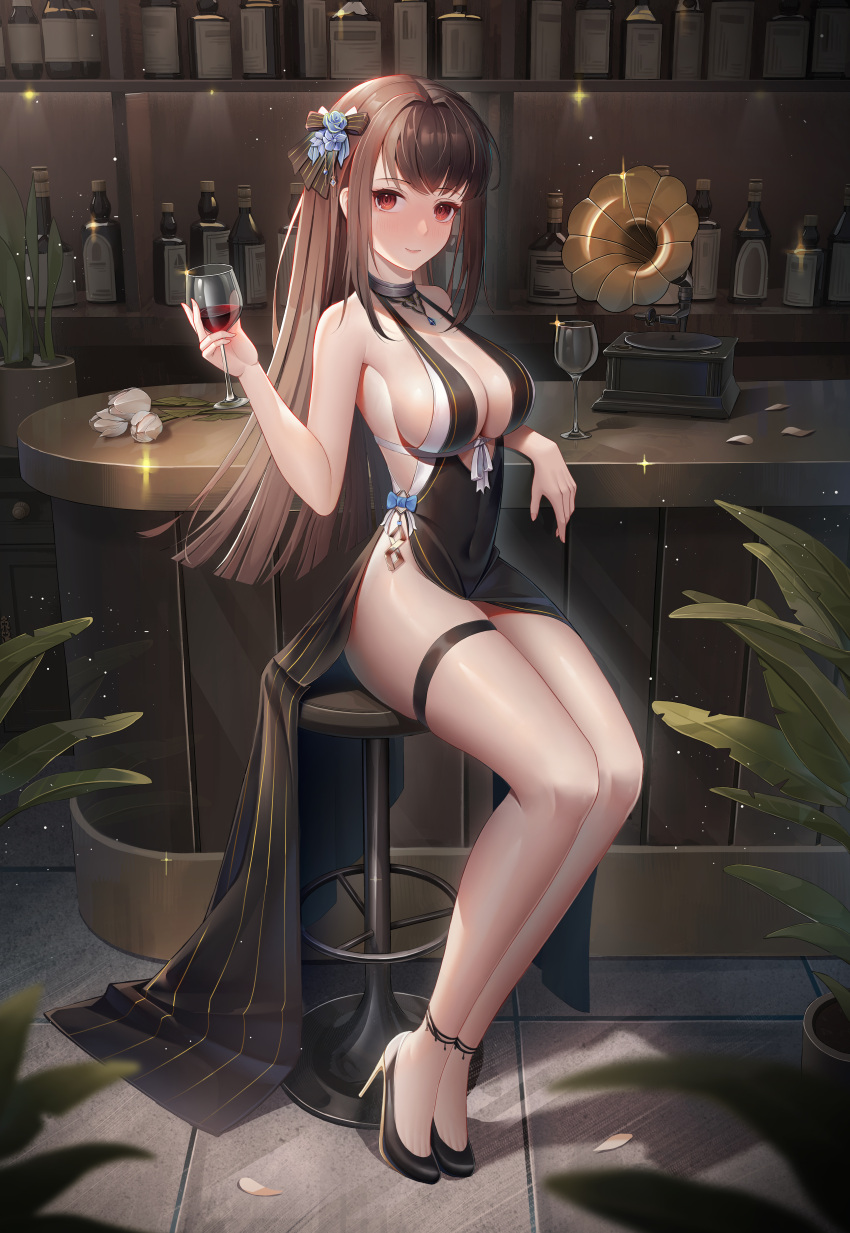 1girl absurdres bar_(place) bar_stool black_dress black_footwear blush bottle breasts brown_hair cleavage closed_mouth covered_navel cup dress drinking_glass full_body high_heels highres holding holding_cup indoors large_breasts legs long_hair original phonograph plant potted_plant red_eyes sitting smile sparkle stool thighs wa_(user_snch2757) wine_glass