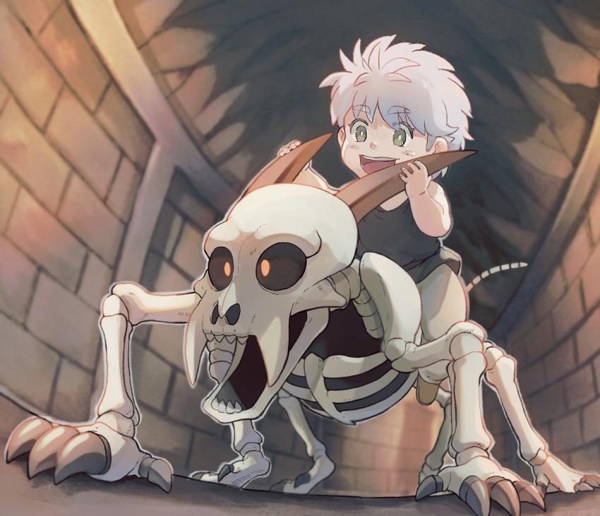 1boy aged_down all_fours animal_skeleton arm_guards b-saku black_sclera black_shirt brick_wall ceiling child colored_sclera dragon_quest dragon_quest_dai_no_daibouken fangs from_below green_eyes grey_hair happy horn_grab horns hyunkel indoors looking_at_another male_focus open_mouth pants riding shirt shoes short_hair sleeveless sleeveless_shirt