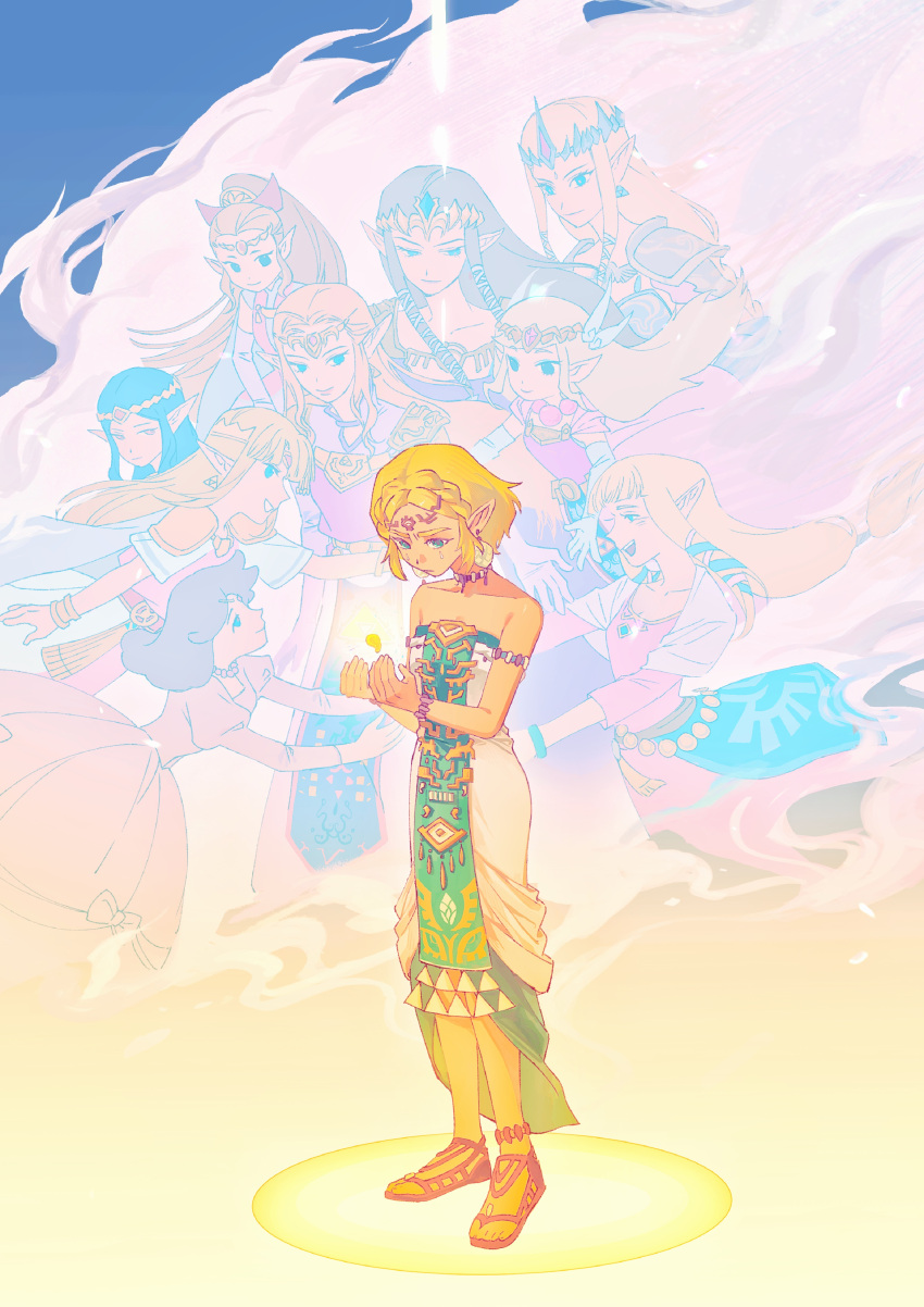 6+girls absurdres armor blonde_hair braid brown_hair cape crown_braid dress glowing highres hyrule_warriors long_hair low-tied_long_hair multiple_girls multiple_persona pink_dress pointy_ears ponytail princess_hilda princess_zelda sandals shoulder_armor the_legend_of_zelda the_legend_of_zelda:_a_link_between_worlds the_legend_of_zelda:_a_link_to_the_past the_legend_of_zelda:_four_swords the_legend_of_zelda:_ocarina_of_time the_legend_of_zelda:_skyward_sword the_legend_of_zelda:_tears_of_the_kingdom the_legend_of_zelda:_the_wind_waker the_legend_of_zelda:_twilight_princess the_legend_of_zelda_(nes) tiara toon_zelda white_dress yushx31