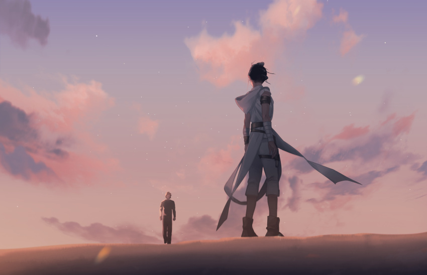 0109_(artist) 1boy 1girl arms_at_sides bandaged_arm bandages black_hair cloud cloudy_sky facing_away highres hooded_robe looking_at_another rey_(star_wars) robe sand sky standing star_wars star_wars:_the_rise_of_skywalker walking white_robe wind