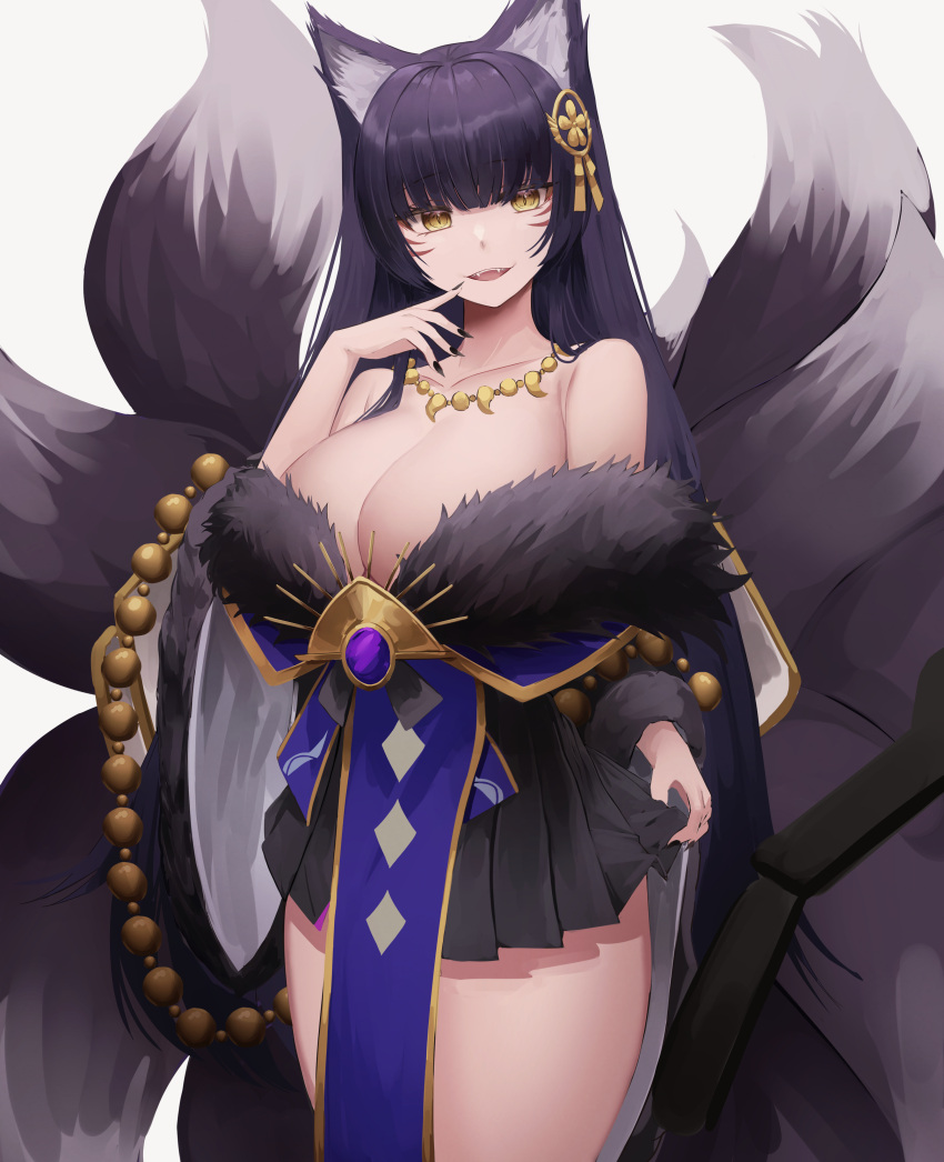 1girl absurdres animal_ear_fluff animal_ears azur_lane bare_shoulders beads breasts cleavage collarbone cowboy_shot facial_mark fangs fingernails fox_ears fox_girl fox_tail fur_trim gem highres huge_breasts jewelry kitsune kyuubi long_hair looking_at_viewer magatama magatama_necklace mea_(hwaksal) multiple_tails musashi_(azur_lane) necklace open_mouth prayer_beads purple_gemstone purple_hair purple_tail sharp_fingernails skirt_under_kimono slit_pupils solo tail very_long_hair whisker_markings yellow_eyes