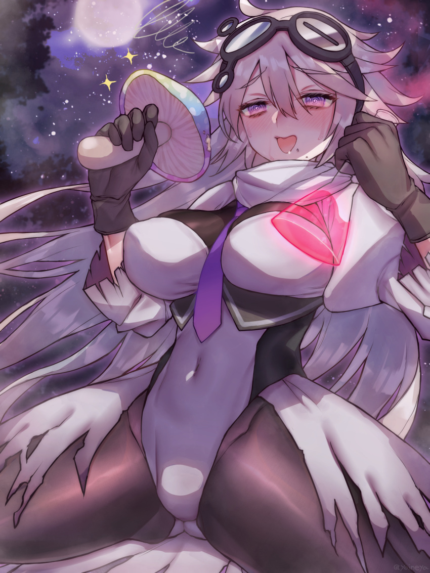 1girl @_@ between_breasts black_gloves blush breasts commission covered_navel drooling drugged erlenmeyer_flask eyewear_on_head flask gloves goggles goggles_on_head grey_hair highleg highleg_leotard highres holding holding_flask holding_mushroom large_breasts leotard long_hair mushroom necktie necktie_between_breasts open_mouth original pantyhose potion purple_eyes purple_necktie skeb_commission skin_tight sweat wavy_mouth yoineya