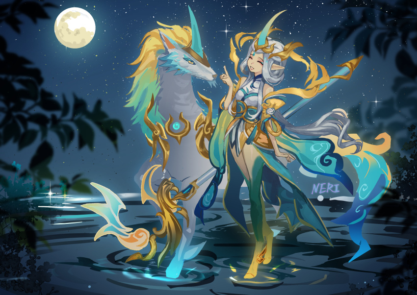 1girl artist_name creature eyeshadow foliage full_body full_moon hair_rings highres horns immortal_journey_soraka league_of_legends long_hair makeup moon neri_(neri23152939) outdoors pointy_ears single_horn solo soraka_(league_of_legends) standing standing_on_liquid star_(sky) white_hair