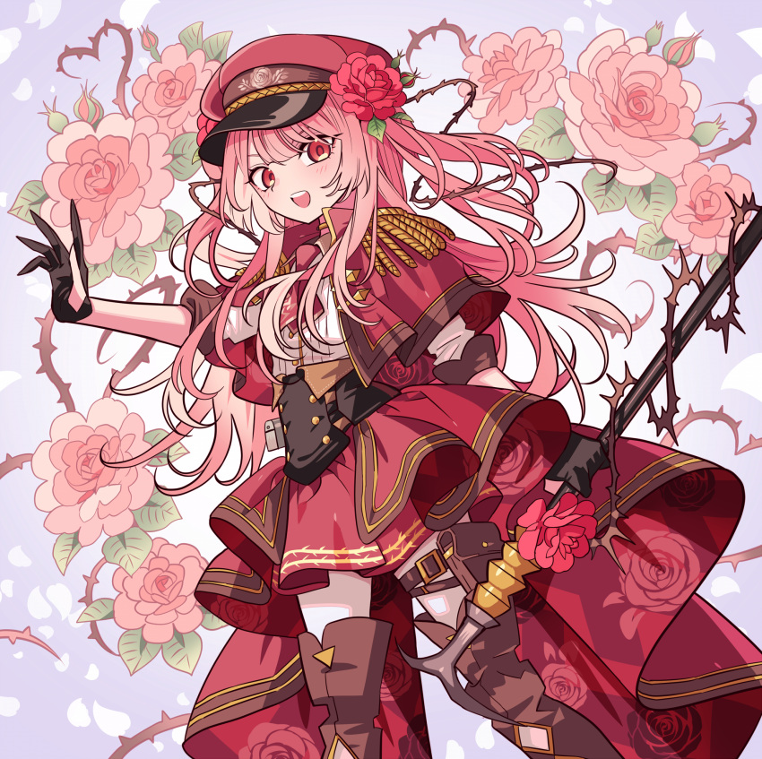 1girl :d black_gloves boots capelet epaulettes feet_out_of_frame floral_background floral_print flower gloves hair_flower hair_ornament hat highres long_hair looking_at_viewer meremero military_lolita nijisanji nijisanji_en official_alternate_costume open_mouth peaked_cap pink_flower pink_hair pink_rose red_capelet red_eyes red_flower red_headwear red_rose red_skirt rose rosemi_lovelock rosemi_lovelock_(2nd_costume) shirt skirt smile solo standing thigh_boots thorns very_long_hair virtual_youtuber white_shirt