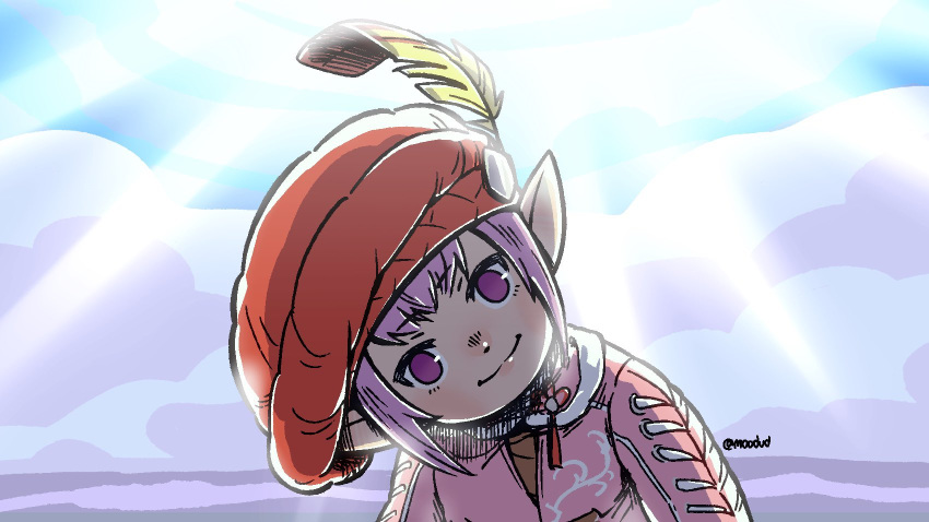 1girl athena_(ff14) beret empty_eyes final_fantasy final_fantasy_xiv hat hat_feather head_tilt highres jacket lalafell light_smile moodud pink_hair pink_jacket pointy_ears purple_eyes red_headwear signature solo sunlight tataru_taru voice_actor_connection