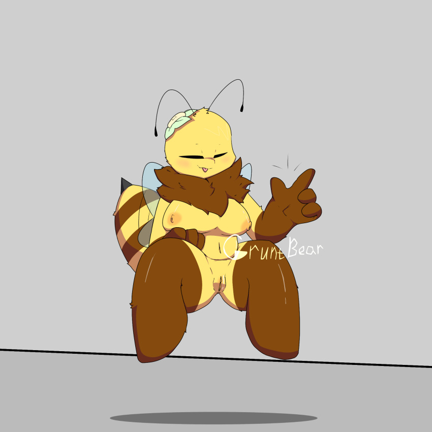anthro bee_(tonytoran) breasts female fur genitals gruntbearkz hi_res nipples nude pussy solo tail wings yellow_body