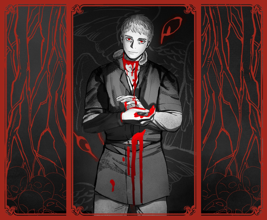 1boy belt bleeding blood blood_on_clothes blood_on_hands border closed_mouth cowboy_shot dungeon_meshi feathered_wings fur_trim hands_up highres laios_thorden layered_sleeves long_sleeves male_focus monochrome red_eyes red_theme shanshen short_hair short_over_long_sleeves short_sleeves skull slit_throat smile solo spoilers spot_color winged_lion_(dungeon_meshi) wings