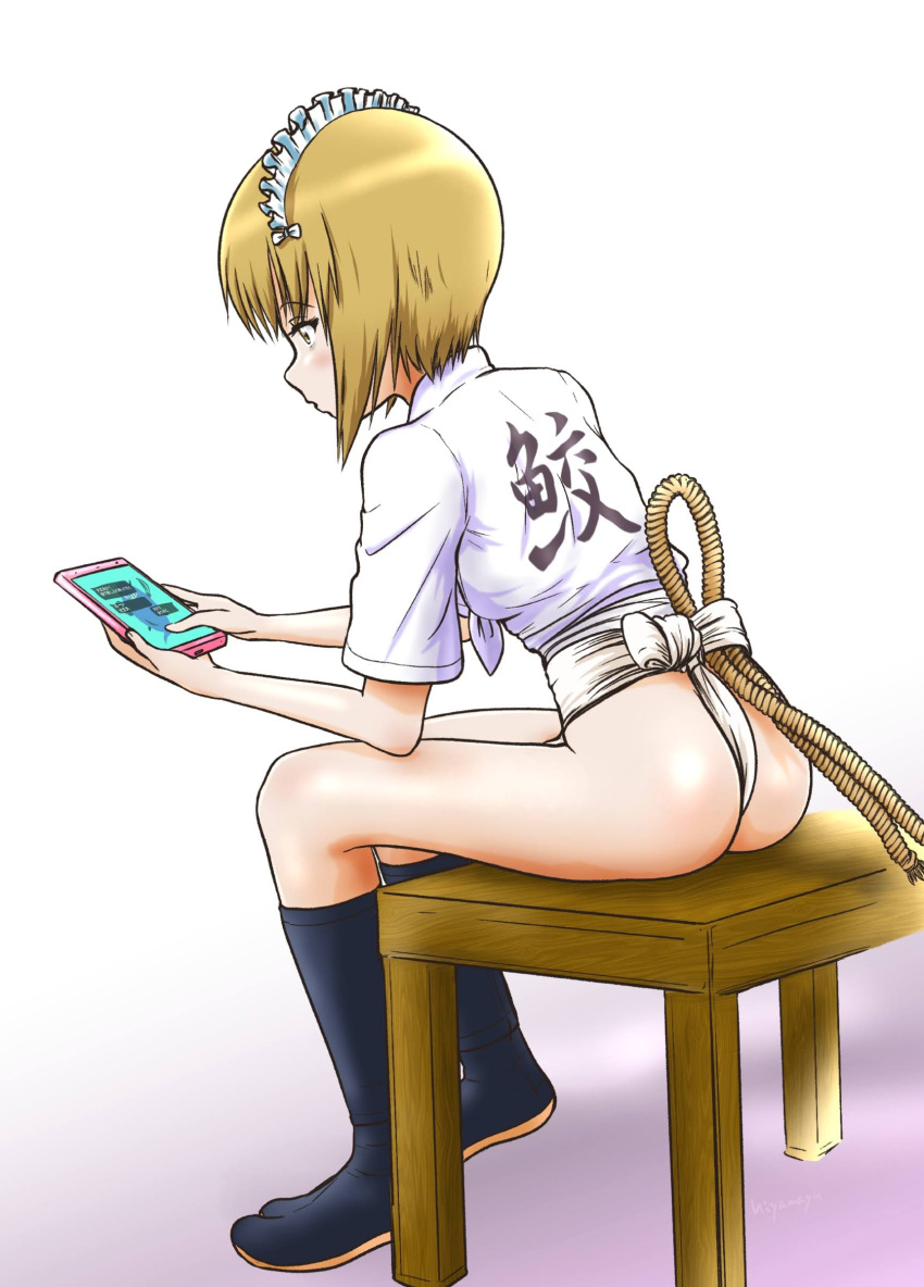 1girl absurdres ass blonde_hair blush cellphone cutlass_(girls_und_panzer) fundoshi girls_und_panzer highres hiyama_yuu_(wee259hiyama) iphone japanese_clothes maid_headdress phone short_hair simple_background sitting smartphone solo yamakasa yellow_eyes