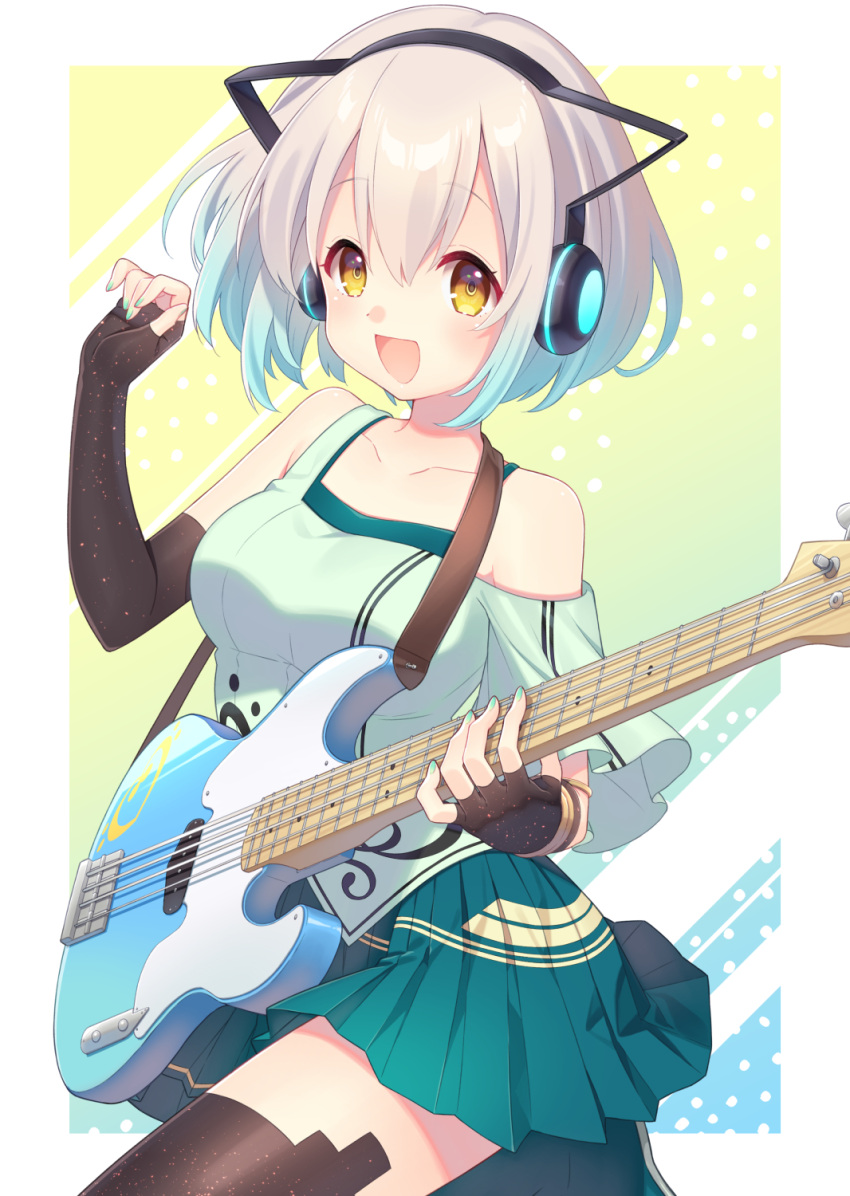 1girl :d animal_ear_headphones animal_ears asymmetrical_clothes bare_shoulders black_gloves black_thighhighs blue_hair blue_skirt brown_eyes collarbone elbow_gloves electric_guitar fake_animal_ears fingerless_gloves gloves gradient_hair green_shirt grey_hair guitar hair_between_eyes headphones highres holding holding_instrument instrument kanade_kanon kusumoto_shizuru looking_at_viewer multicolored_hair nanashi_inc. pleated_skirt shirt skirt smile solo thighhighs v_ap_art virtual_youtuber