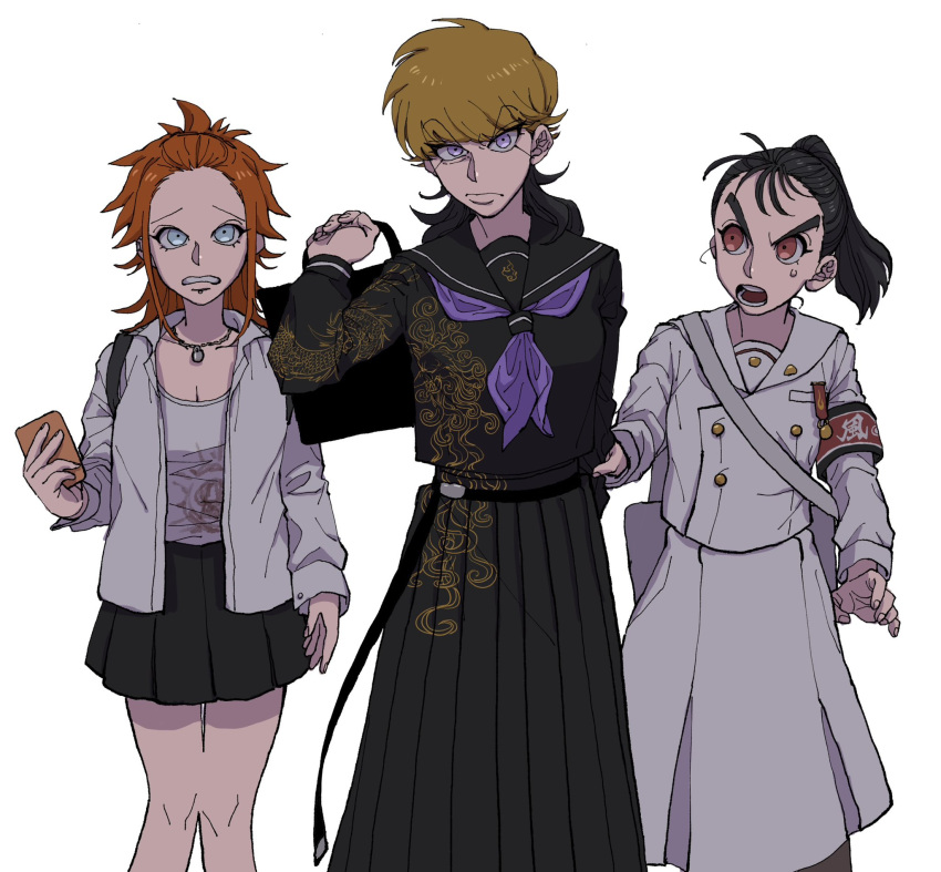 3girls armband backpack bag black_hair black_shirt black_skirt clenched_teeth d: danganronpa:_trigger_happy_havoc danganronpa_(series) dragon_print genderswap genderswap_(mtf) grey_eyes hand_up highres holding holding_bag holding_phone ishimaru_kiyotaka kuwata_leon long_skirt long_sleeves looking_at_another looking_at_viewer miniskirt mokuzou_(mokumokuzo) multicolored_hair multiple_girls neckerchief orange_hair owada_mondo phone pink_neckerchief pleated_skirt red_armband red_eyes sailor_collar shirt shoulder_bag simple_background skirt standing teeth two-tone_hair white_background white_sailor_collar