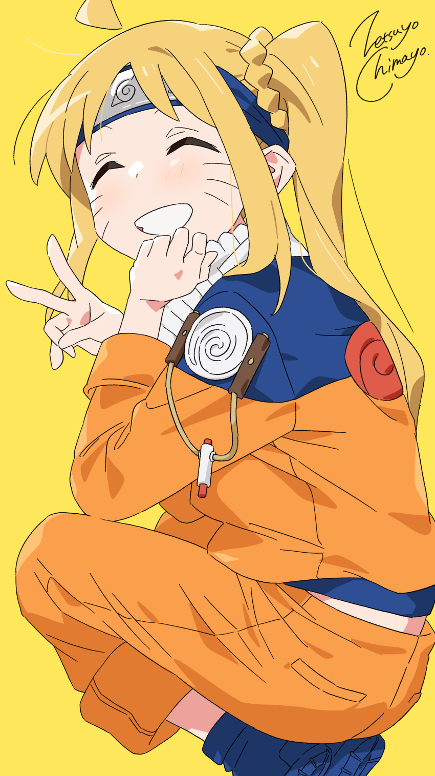 1girl ^_^ absurdres artist_name blonde_hair blue_footwear bocchi_the_rock! closed_eyes commentary cosplay head_rest headband highres ijichi_nijika jacket long_hair naruto_(series) orange_jacket orange_pants pants side_ponytail signature smile solo squatting uzumaki_naruto uzumaki_naruto_(cosplay) uzumaki_symbol v yellow_background zetsuyo_chimayo