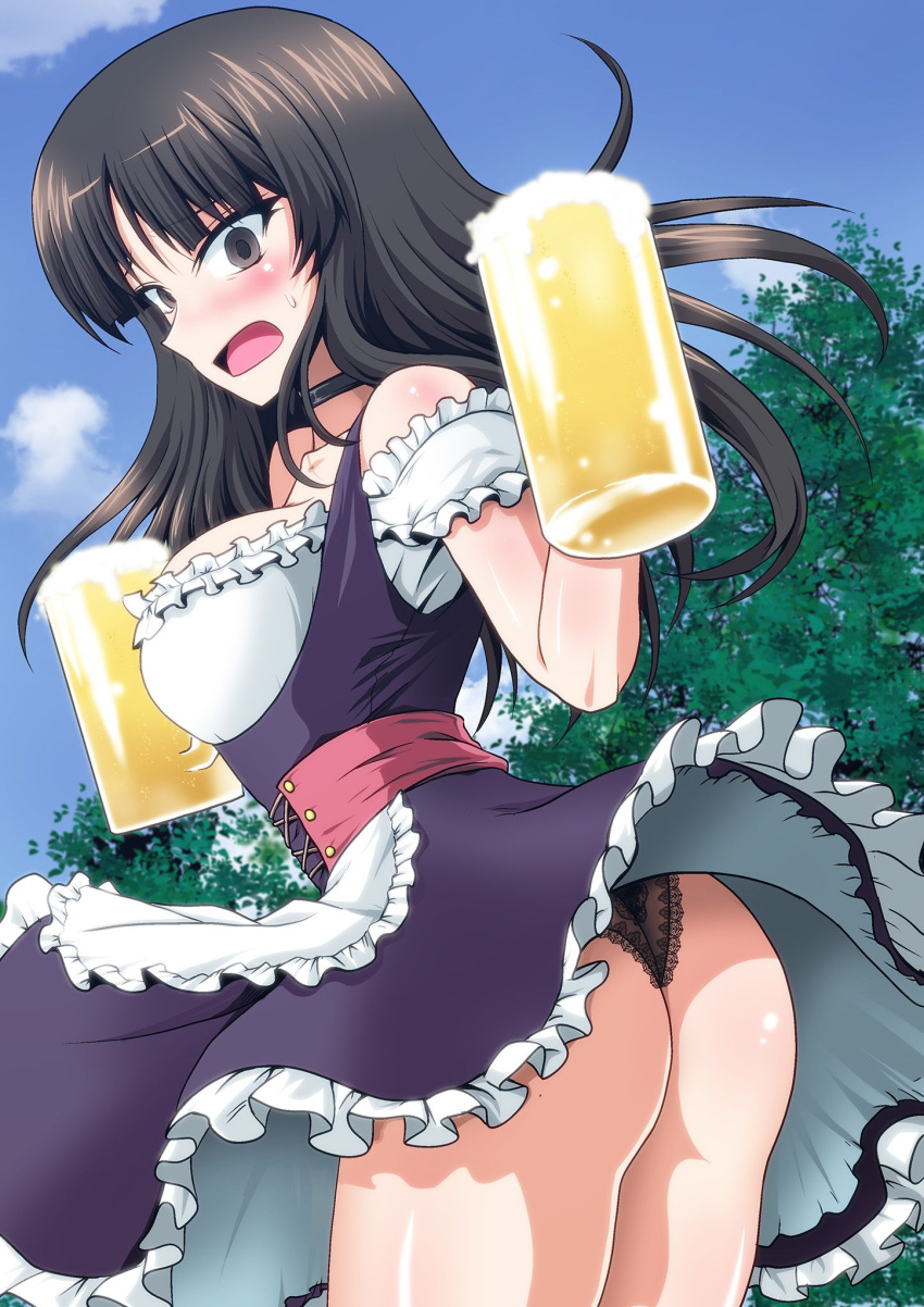 1girl alcohol apron ass beer beer_mug black_choker black_dress black_eyes black_hair black_panties blue_sky blunt_bangs blush choker clothes_lift cloud cowboy_shot cup day dirndl dress dress_lift embarrassed frilled_apron frilled_dress frills from_behind frown german_clothes girls_und_panzer highres holding holding_cup kamishima_kanon lace-trimmed_panties lace_trim leaning_forward long_hair looking_at_viewer looking_back mature_female mug nishizumi_shiho open_mouth outdoors panties pantyshot short_sleeves sky solo standing straight_hair sweatdrop tree underwear waist_apron white_apron wind wind_lift