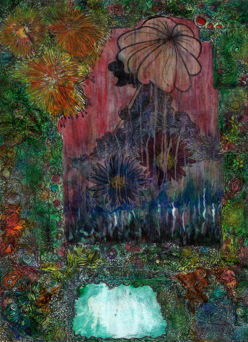 abstract_background absurd_res clothing collage colored_pencil_(artwork) female flower garden grass hi_res houska janet_k_wallace nature obscured_face painting_(artwork) plant raining silhouette solo the_moomins traditional_media_(artwork) umbrella watercolor_(artwork)