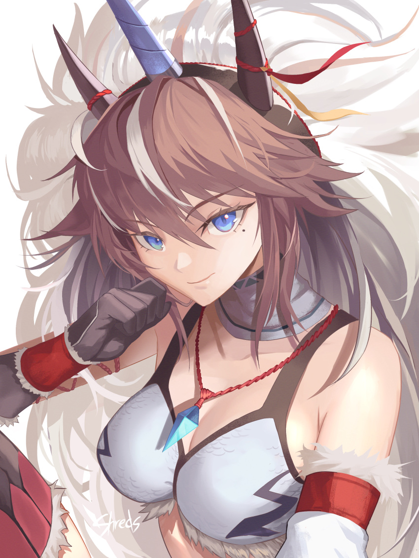 1girl absurdres arknights bare_shoulders black_gloves blue_eyes breasts brown_hair cleavage commentary gloves highres horns kirin_(armor) kirin_r_yato_(arknights) looking_at_viewer medium_breasts mole mole_under_eye monster_hunter_(series) shreds_(shreds_tweets) smile solo upper_body yato_(arknights)