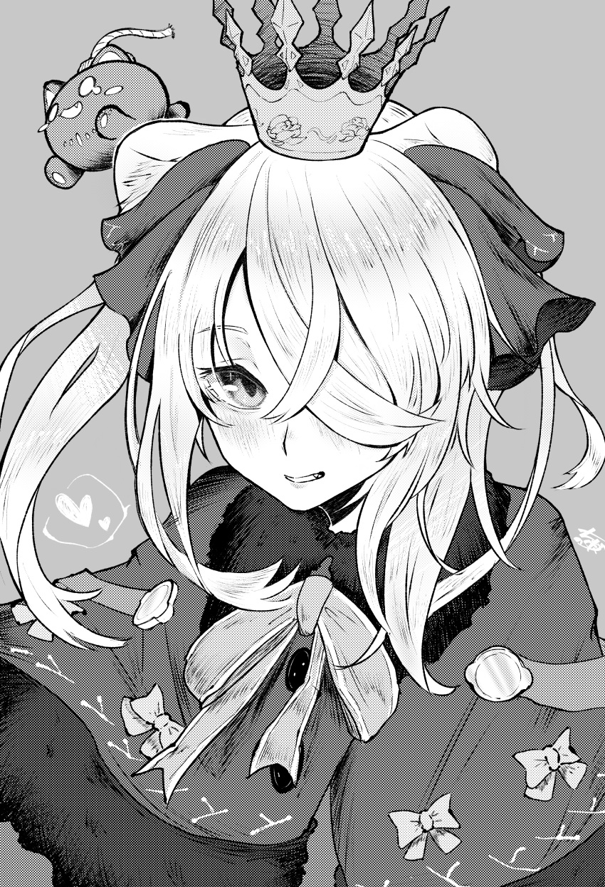 1girl absurdres animal_ears asymmetrical_bangs blush bow bowtie capelet chinokuda commentary_request crown fur-trimmed_capelet fur_trim greyscale grin hair_over_eyes hair_over_one_eye heart highres hololive lion_ears long_bangs looking_at_viewer monochrome official_alternate_costume shishiro_botan shishiro_botan_(4th_costume) smile solo spoken_heart ssrb_(shishiro_botan) twintails upper_body virtual_youtuber