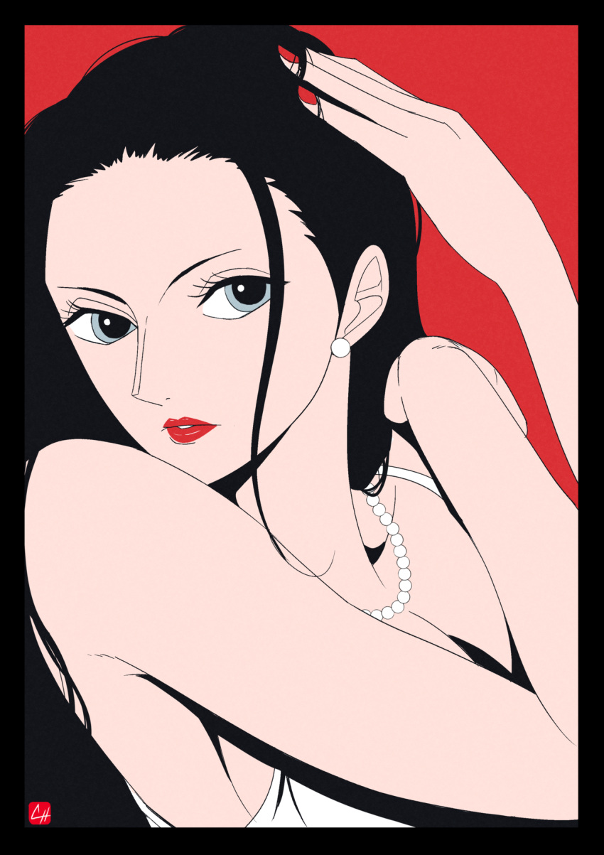 1girl black_border black_hair blue_eyes border chris_re5 close-up commentary dress earrings hair_slicked_back hand_on_own_head highres jewelry long_hair looking_at_viewer loose_hair_strand necklace nico_robin one_piece red_background red_lips red_nails white_dress