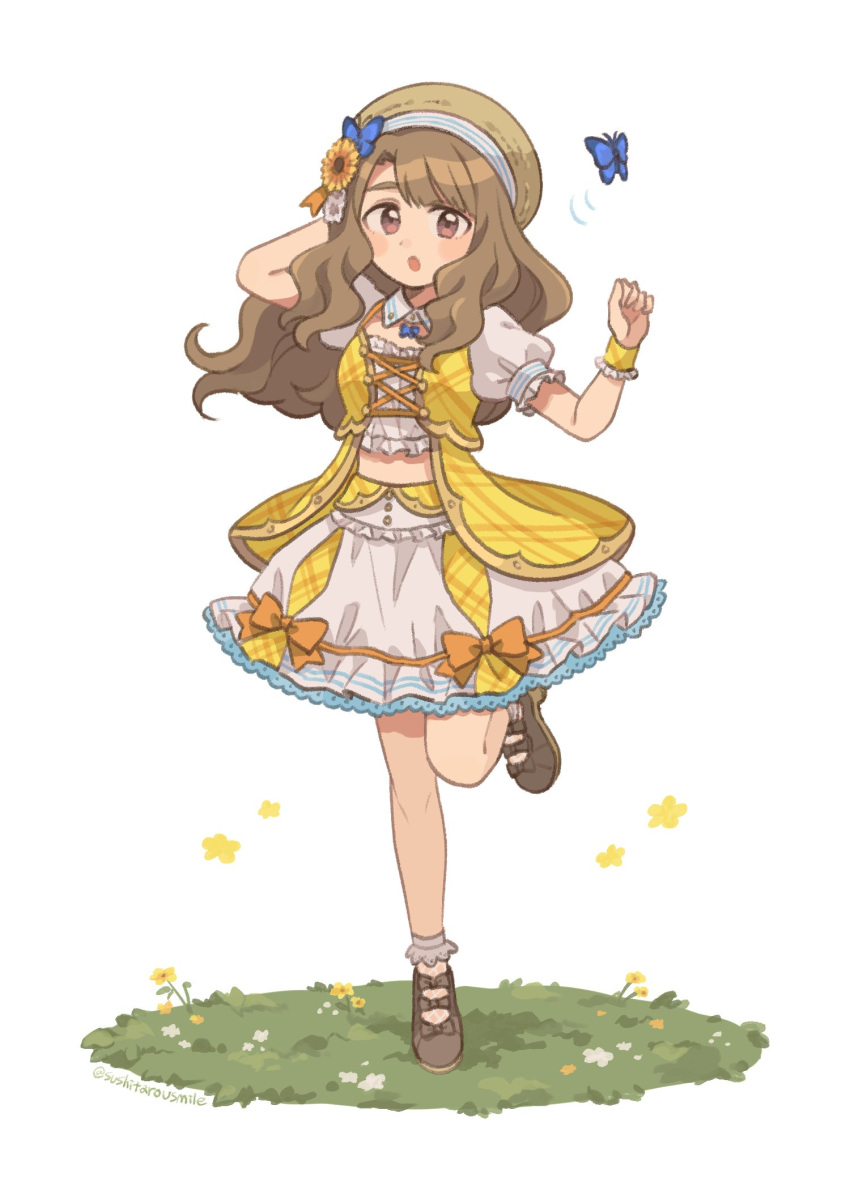 1girl :o arm_behind_head blue_butterfly bow brown_eyes brown_footwear brown_hair brown_headwear bug butterfly commentary crop_top flower flower_(symbol) grass hat hat_flower highres idolmaster idolmaster_million_live! idolmaster_million_live!_theater_days jacket leg_up looking_at_viewer medium_hair miyao_miya open_mouth orange_bow plaid plaid_jacket puffy_short_sleeves puffy_sleeves shirt short_sleeves simple_background skirt solo standing standing_on_one_leg sushitarou wavy_hair white_background white_shirt white_skirt wrist_cuffs yellow_jacket