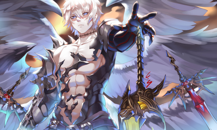 1boy abs absurdres angel_wings armor belt bishounen black_armor black_gloves blue_eyes caesar_salad closed_mouth cowboy_shot expressionless gloves granblue_fantasy highres looking_at_viewer lucilius_(granblue_fantasy) male_focus messy_hair muscular muscular_male orange_background scar scar_on_neck signature solo standing sword weapon white_hair wings