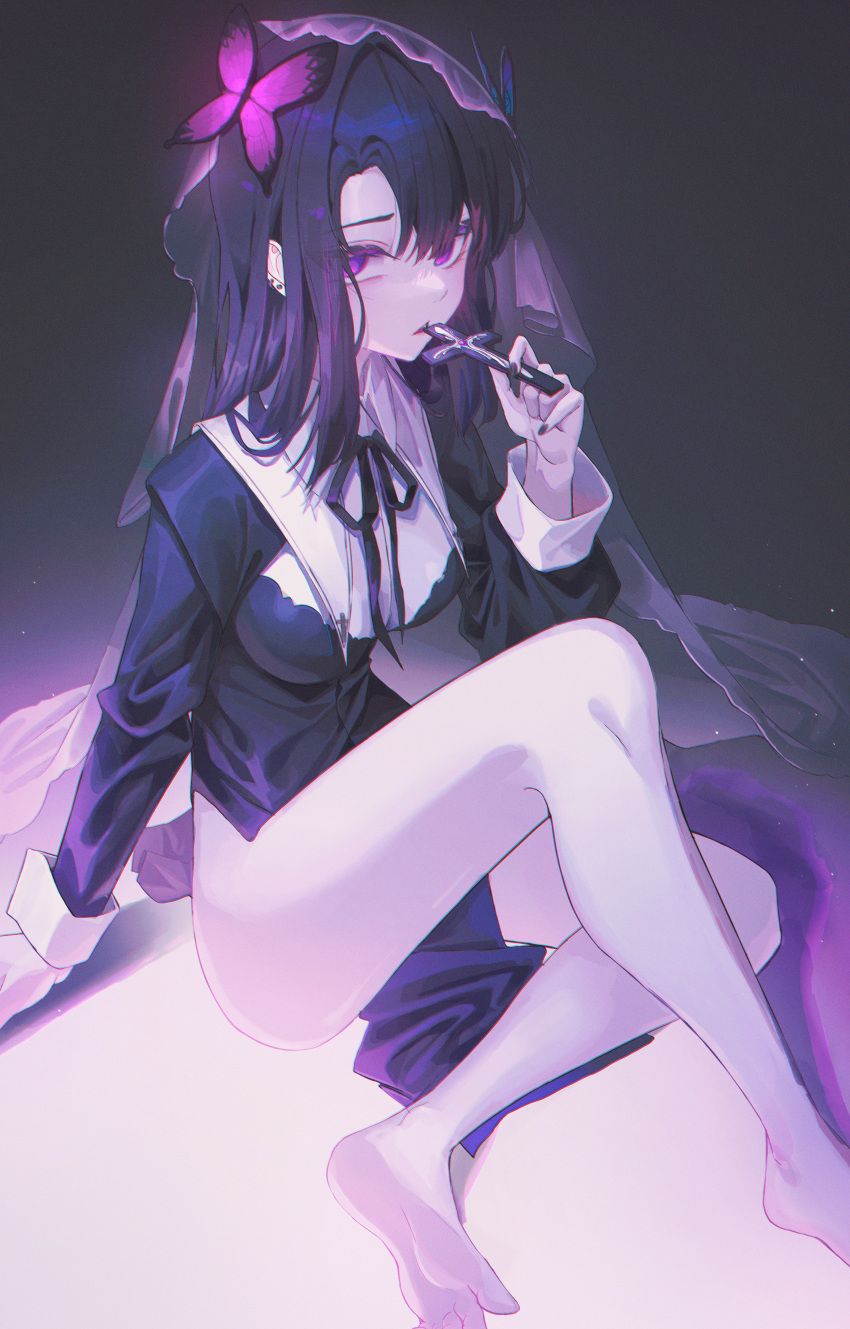 1girl absurdres bare_legs barefoot black_dress black_hair breasts domi_(hongsung0819) dress hair_ornament highres looking_at_viewer medium_breasts mouth_hold no_shoes nun original purple_eyes ribbon solo toes