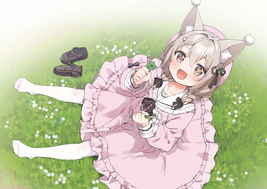 1girl :d absurdres animal_ear_fluff animal_ears black_bow black_bowtie blush bow bowtie braid brown_eyes brown_footwear commission dog_ears dress frills grey_hair hair_between_eyes hair_bow hair_ornament hair_ribbon hairclip happy heart heart-shaped_pupils highres holding lace-trimmed_dress lace-trimmed_sleeves lace_trim long_hair looking_at_viewer on_grass open_mouth original pink_dress ribbon sailor_collar sitting skeb_commission smile solo symbol-shaped_pupils thighhighs white_pom_poms white_thighhighs wide_sleeves yukie_(kusaka_shi)