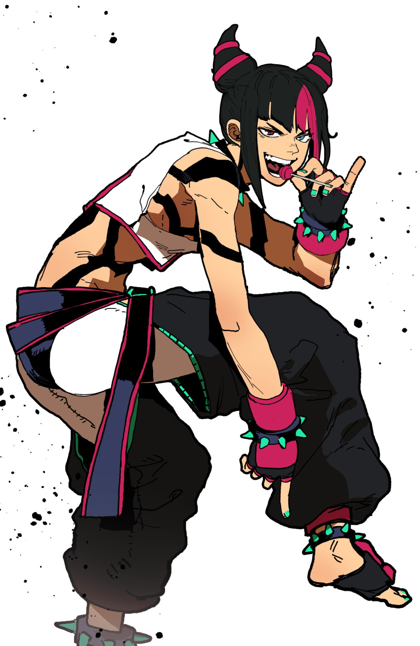 1girl absurdres aqua_nails arched_back baggy_pants bare_shoulders belt black_belt black_hair blue_eyes bracelet candy collar crop_top dyed_bangs feet fingerless_gloves food foot_out_of_frame from_side gloves hair_horns han_juri hand_up heterochromia highres isaacchief300 jewelry knee_up leaning_forward lollipop looking_at_viewer multicolored_hair nail_polish paint_splatter panties_over_leggings pants pinky_out pointing pointing_down purple_eyes short_hair sidelocks sleeveless smile solo spiked_anklet spiked_bracelet spiked_collar spikes standing standing_on_one_leg stirrup_footwear street_fighter street_fighter_iv_(series) teeth toeless_legwear toenail_polish toenails tongue two-tone_hair