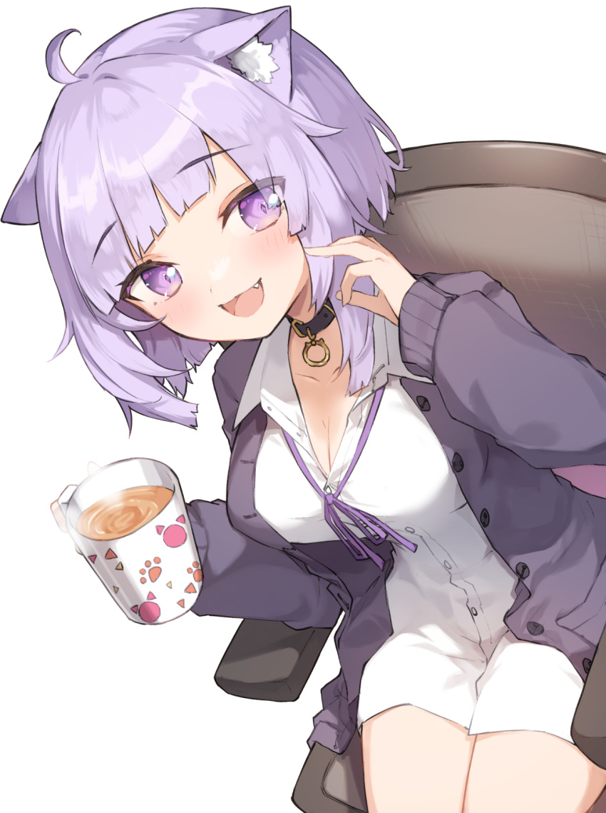 1girl :d ahoge animal_collar animal_ear_fluff animal_ears black_collar black_jacket blunt_bangs blush breasts cat_ears cleavage coffee_mug collar collared_shirt couch cup dress_shirt dutch_angle fang highres holding holding_cup hololive jacket looking_at_viewer medium_breasts miya_kazutomo mug neck_ribbon nekomata_okayu nekomata_okayu_(oversized_shirt) no_pants official_alternate_costume official_alternate_hairstyle on_couch open_clothes open_jacket open_mouth purple_eyes purple_hair purple_ribbon ribbon shirt short_hair smile solo virtual_youtuber white_shirt