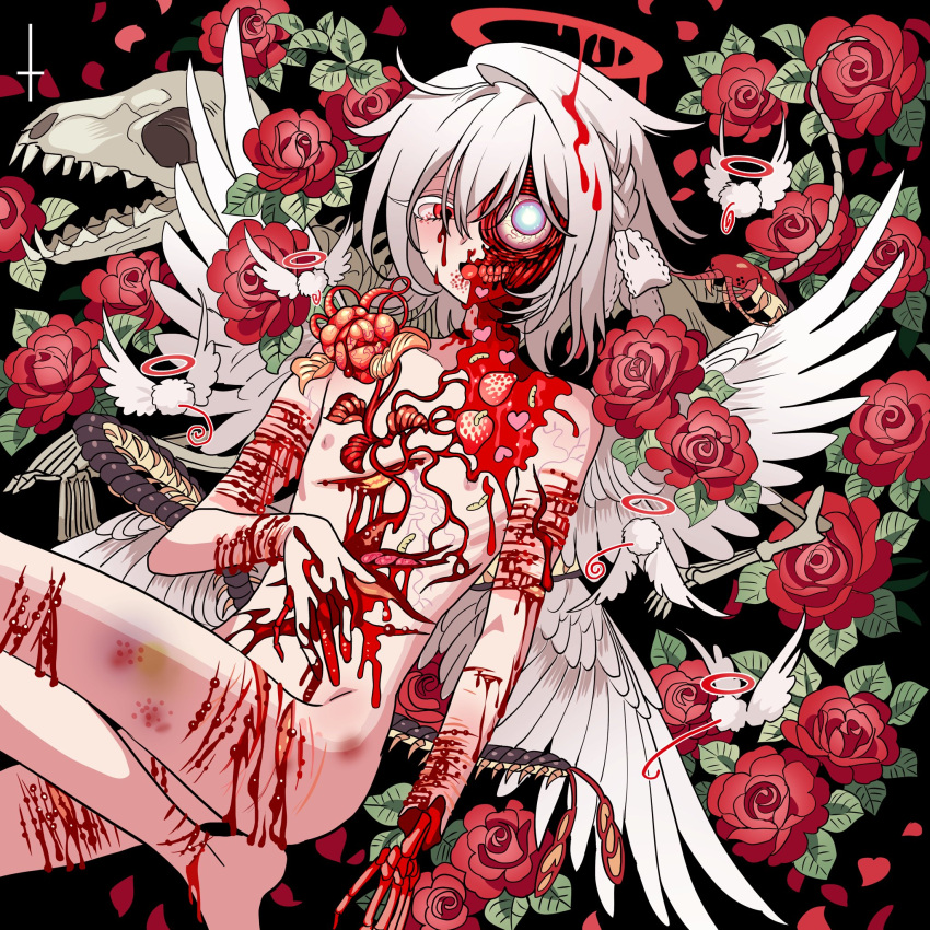 1boy albino androgynous angel animal_skull bad_id bad_twitter_id bleeding blood blood_on_arm blood_on_face blood_on_hands blood_on_leg bruise bug centipede completely_nude cuts exposed_muscle eyeball feathered_wings floral_background flower guro halo heart highres injury intestines looking_at_viewer maggot male_focus melting_halo meremero multiple_wings nude organs original pectorals red_eyes red_flower red_halo red_rose rose short_hair skeletal_hand smile solo teeth white_hair white_wings wings