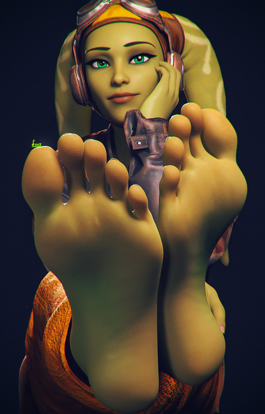 2024 3d_(artwork) 5_toes alien alien_humanoid barefoot black_background digital_media_(artwork) fcat feet female foot_fetish foot_focus green_eyes headgear hera_syndulla hi_res humanoid humanoid_feet looking_at_viewer plantigrade signature simple_background soles solo star_wars toes twi'lek