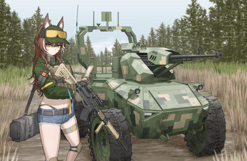 1girl absurdres ammunition_pouch animal_ear_fluff animal_ears bag baseball_cap belt blue_ribbon brown_hair camouflage camouflage_jacket canadian_flag character_request cheogtanbyeong commentary copyright_request duffel_bag forest goggles goggles_on_head grass green_headwear green_jacket grey_belt hat highleg highleg_panties highres holding holding_phone holding_weapon jacket knee_pads long_hair long_sleeves looking_at_viewer magazine_(weapon) military_vehicle multicolored_hair nature outdoors panties patch phone plate_carrier ponytail pouch ribbon short_shorts shorts single_knee_pad solo streaked_hair thigh_strap thighs tree underwear vehicle_request weapon weapon_request yellow_eyes yellow_ribbon
