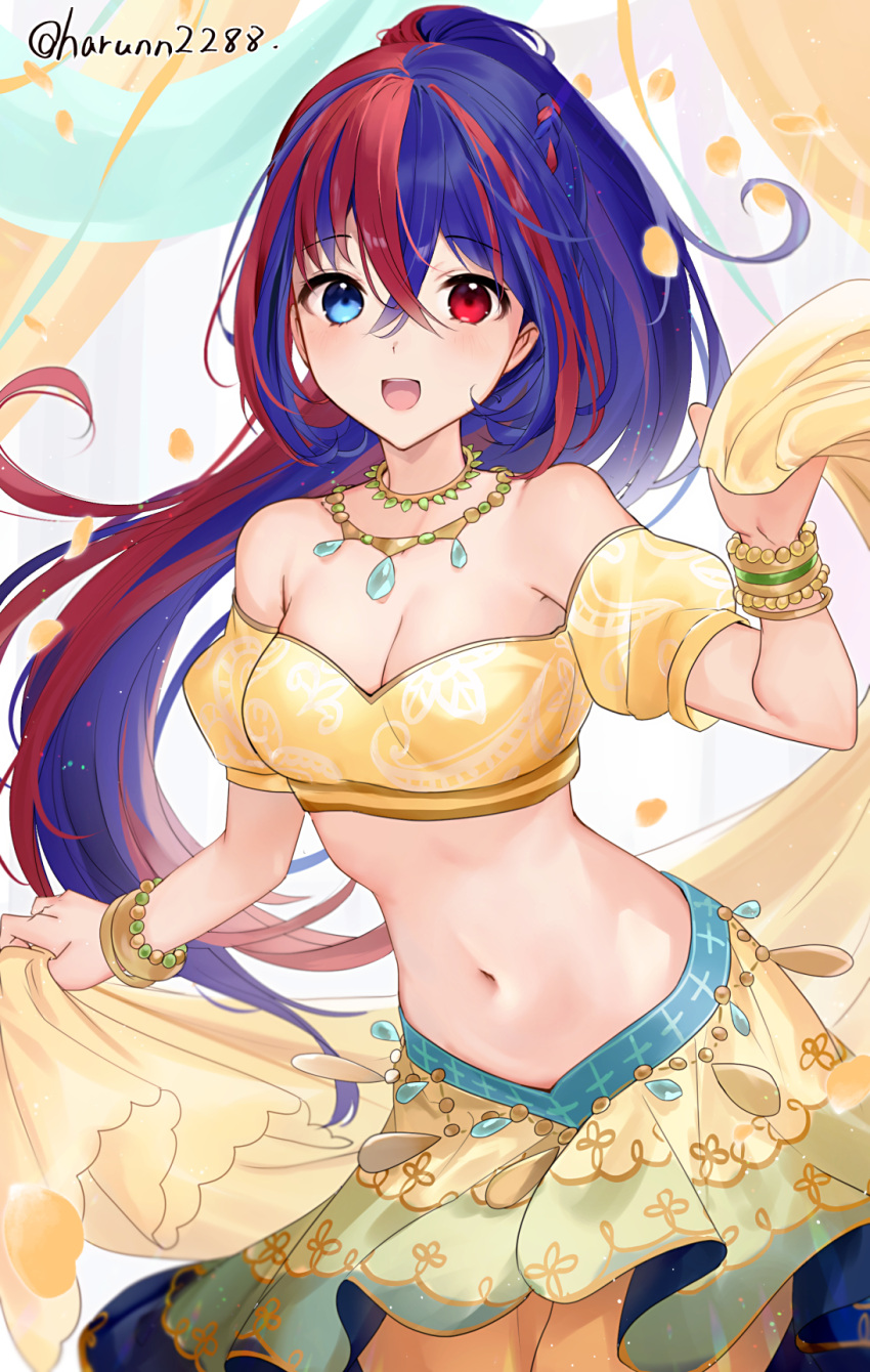1girl :d alear_(female)_(fire_emblem) alear_(fire_emblem) bare_shoulders blue_eyes blue_hair commentary cowboy_shot crop_top fire_emblem fire_emblem_engage haru_(nakajou-28) heterochromia highres jewelry long_hair looking_at_viewer midriff multicolored_hair navel necklace off-shoulder_shirt off_shoulder open_mouth puffy_short_sleeves puffy_sleeves red_eyes red_hair shirt short_sleeves skirt smile solo split-color_hair standing stomach streaked_hair very_long_hair yellow_shirt yellow_skirt