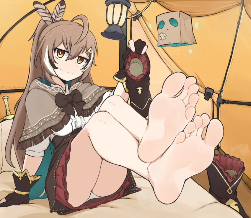 1girl ahoge bare_legs barefoot boots brown_hair commentary commission crossed_legs english_commentary feet foot_focus friend_(nanashi_mumei) highres holding holding_boots holding_clothes holding_footwear hololive long_hair looking_at_viewer nanashi_mumei nanashi_mumei_(1st_costume) panties softhanten soles solo tent toes underwear unworn_boots virtual_youtuber white_panties