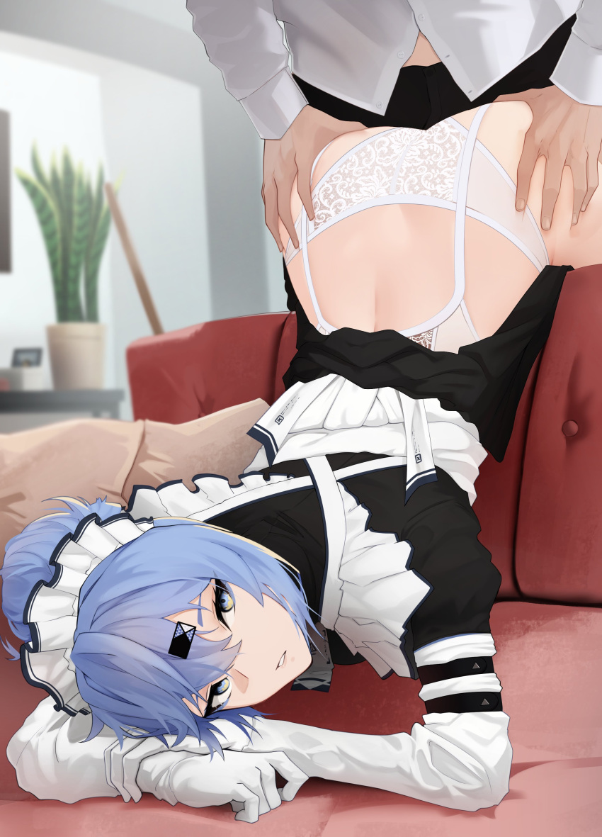 1boy 1girl absurdres apron ass blue_hair blurry blurry_background elbow_gloves garter_belt gloves grey_eyes hair_between_eyes hair_ornament hairclip highres looking_at_viewer lying maid maid_apron maid_headdress original panties ponytail saki_(the_atko) the_atko top-down_bottom-up underwear white_garter_belt white_gloves white_panties