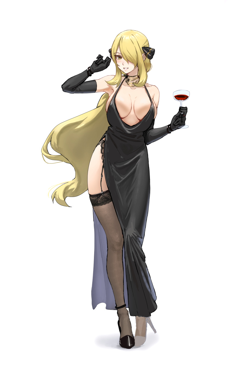 1girl alternate_eye_color areola_slip athenawyrm black_dress black_garter_belt black_gloves blonde_hair breasts choker cup cynthia_(pokemon) dress drinking_glass elbow_gloves evening_gown full_body garter_belt gloves gold_necklace grin hair_ornament high_heels highres holding holding_cup jewelry large_breasts legs long_hair looking_at_viewer necklace parted_lips plunging_neckline pokemon pokemon_dppt revision side_slit smile solo thighhighs very_long_hair wine_glass yellow_eyes