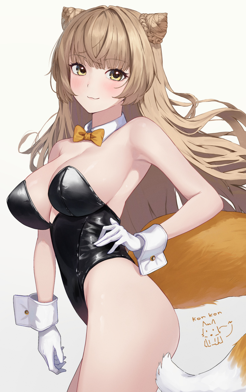 1girl absurdres black_leotard blunt_bangs blush bow bowtie breasts brown_hair character_request cleavage cone_hair_bun copyright_request detached_collar double_bun fox_tail gloves hair_bun hand_on_own_hip highres large_breasts leotard long_hair looking_at_viewer playboy_bunny simple_background solo standing tail tansui_san_(tcjp4784) white_background white_gloves white_wrist_cuffs wrist_cuffs yellow_bow yellow_bowtie yellow_eyes