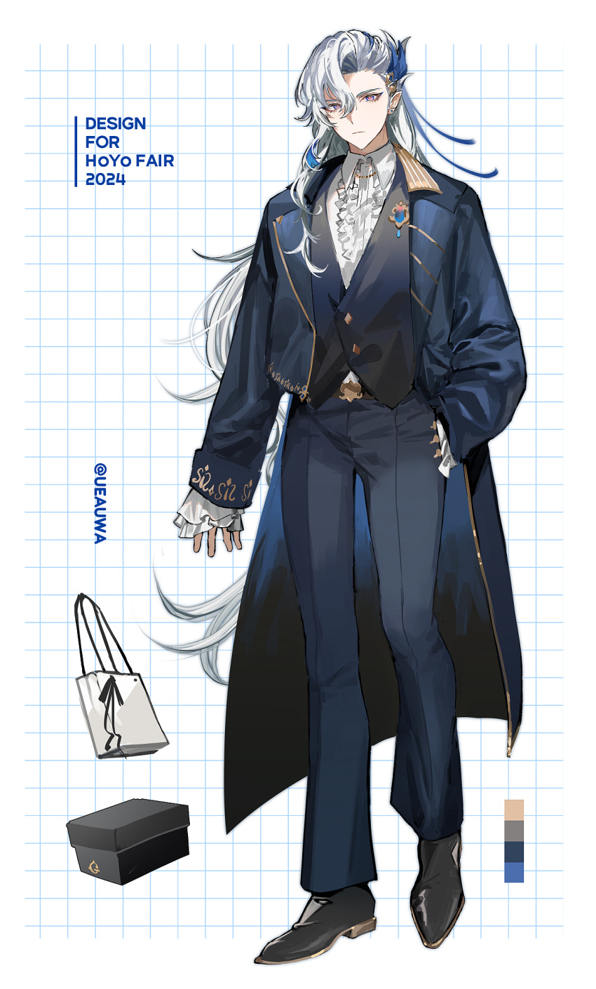 1boy alternate_costume asymmetrical_bangs bag black_footwear black_vest blue_coat blue_hair blue_pants brooch center_frills closed_mouth coat color_guide earrings english_text expressionless feather_hair_ornament feathers frilled_sleeves frills full_body genshin_impact hair_between_eyes hair_ornament hand_in_pocket hand_on_own_hip highres jewelry lapels long_hair long_sleeves looking_at_viewer male_focus multicolored_hair neuvillette_(genshin_impact) notched_lapels open_clothes open_coat pants pointy_ears purple_eyes reference_sheet sailor_collar shirt shoes shopping_bag single_sidelock sleeve_cuffs standing streaked_hair stud_earrings twitter_username ueauwa very_long_hair vest white_background white_hair white_shirt