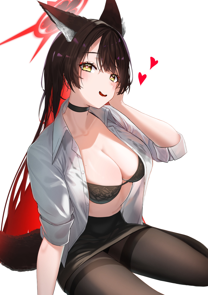 1girl absurdres animal_ear_fluff animal_ears black_bra black_choker black_hair black_panties blue_archive blush bra breasts choker eix2 fox_ears fox_girl fox_tail heart heart-shaped_pupils highres large_breasts long_hair looking_at_viewer open_clothes open_mouth open_shirt panties panties_under_pantyhose pantyhose shirt simple_background sitting smile solo symbol-shaped_pupils tail thighband_pantyhose underwear very_long_hair wakamo_(blue_archive) white_background white_shirt yellow_eyes