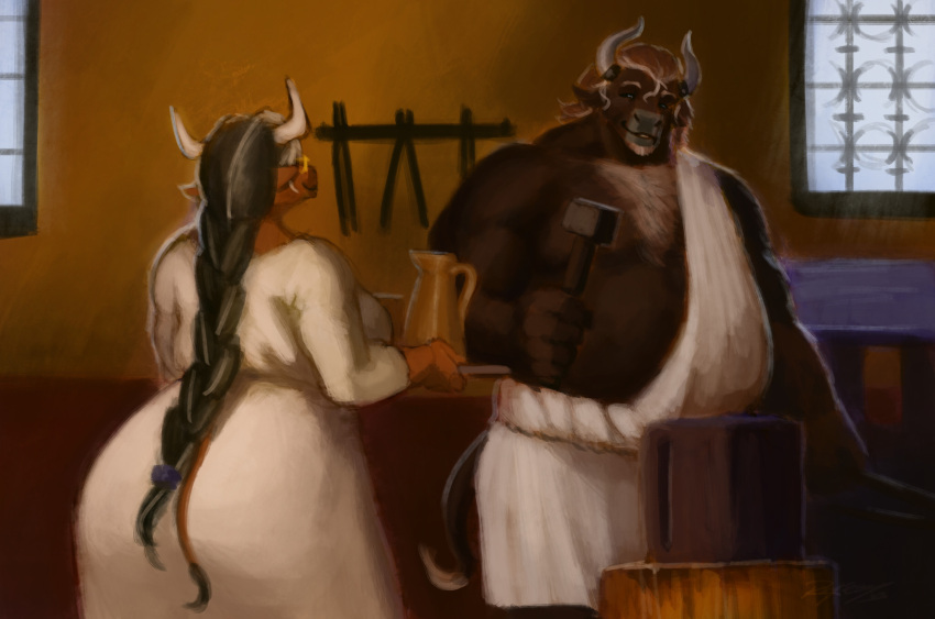 2024 5_fingers absurd_res anthro blacksmith bovid bovine brown_body brown_fur brown_hair clothed clothing dress duo european_mythology female fingers fur greek_mythology hair hammer hi_res horn humanoid_hands husband_and_wife iolanta_avarta male male/female mammal married_couple mature_anthro mature_female mature_male minotaur musclegut muscular muscular_anthro muscular_male mythology rayoutofspace smile telemachus_avarta tools