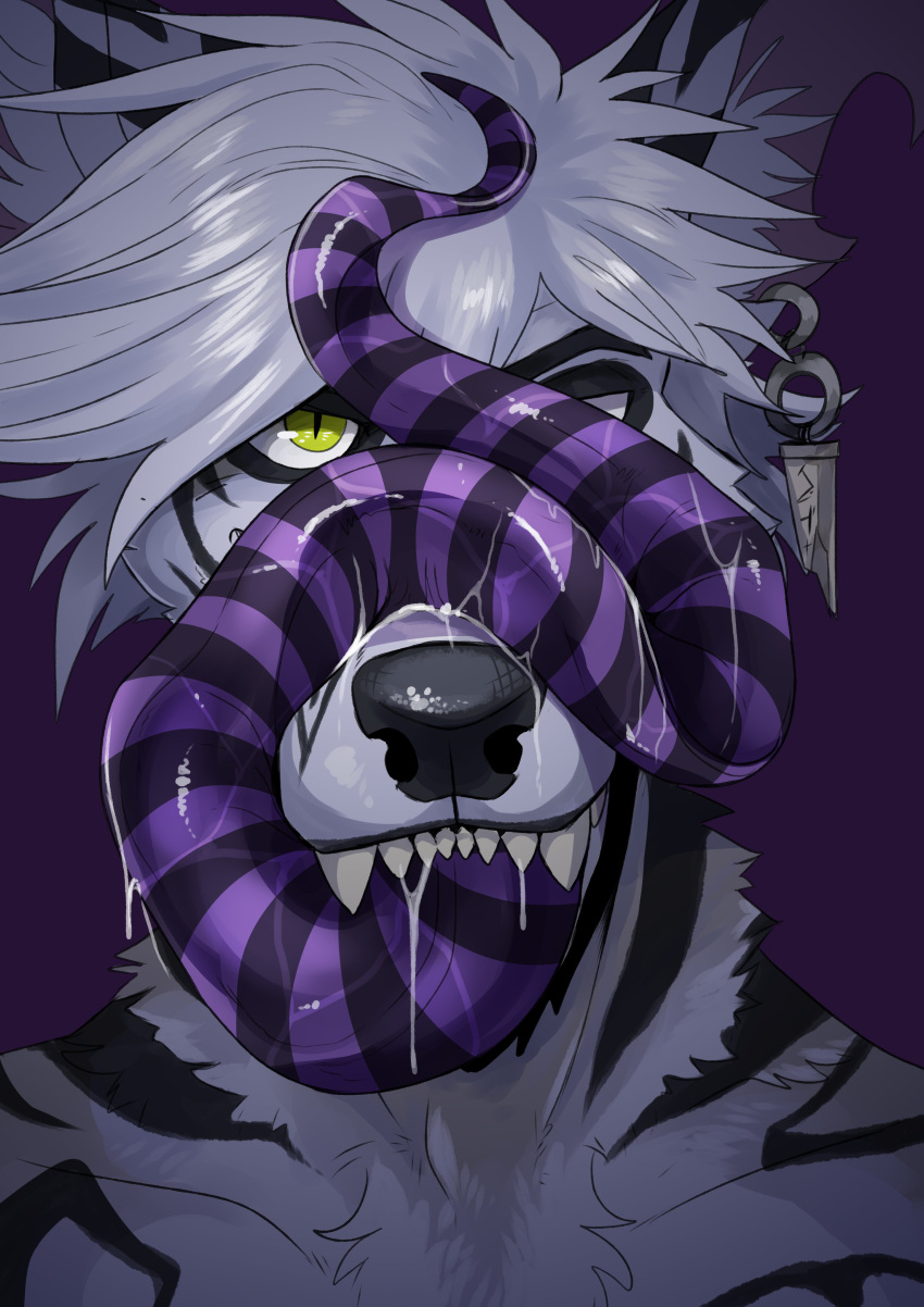 absurd_res anthro black_body black_fur black_tongue bodily_fluids bust_portrait canid drooling ear_piercing fangs front_view fur green_eyes grey_body grey_fur grey_hair hair hi_res imperatorcaesar long_tongue looking_at_viewer male mammal notched_ear open_mouth piercing portrait pupils purple_tongue saliva saliva_on_tongue saliva_string short_hair slit_pupils solo striped_body striped_fur striped_tongue stripes teeth tongue tongue_on_face tongue_out