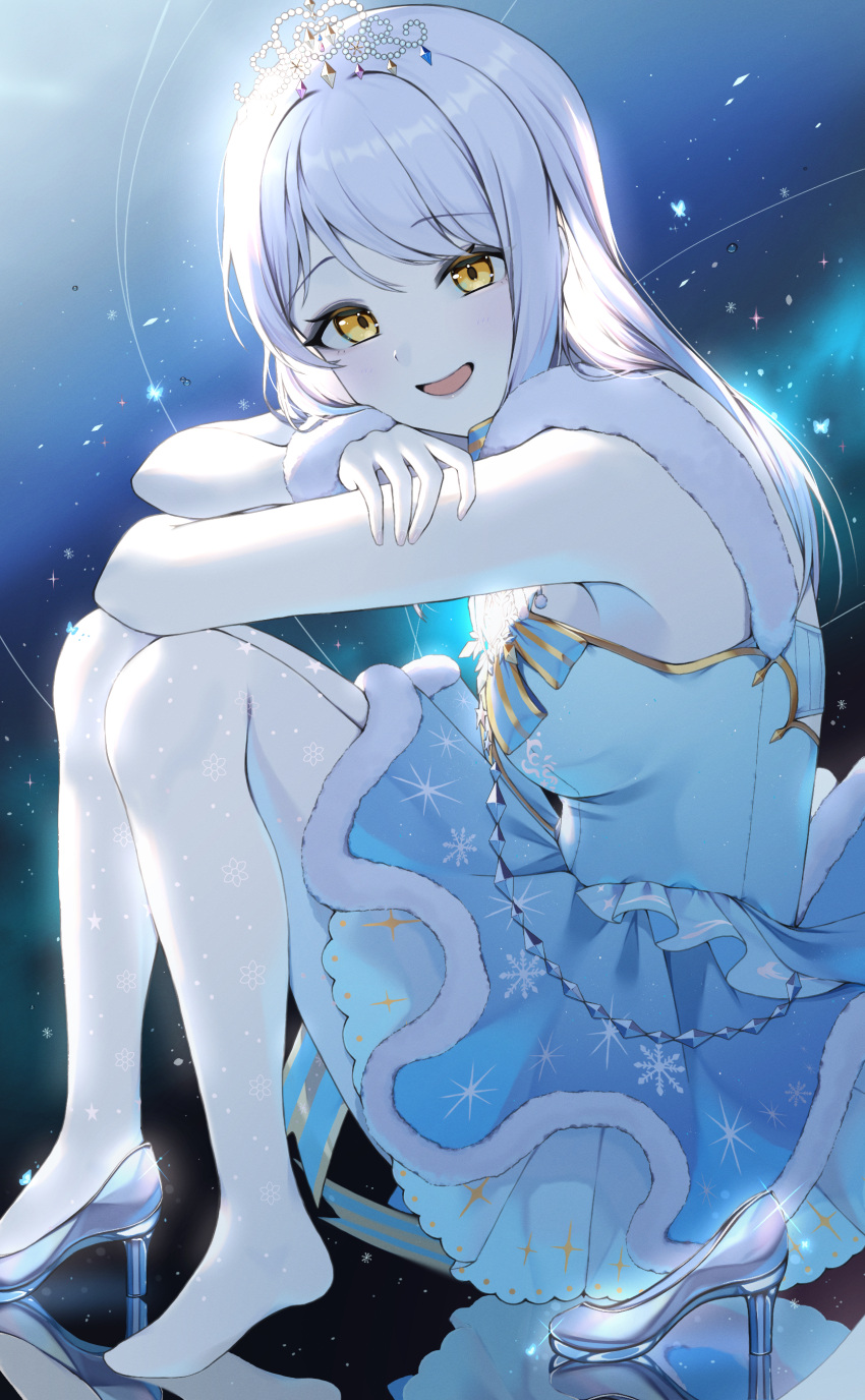 10_(user_cwuu4848) 1girl absurdres blue_dress blush breasts crossed_arms dress eve_santaclaus fur-trimmed_dress fur_bracelet fur_trim glass_slipper grey_hair highres idolmaster idolmaster_cinderella_girls knees_up looking_at_viewer looking_to_the_side medium_breasts pantyhose reflection shoes single_shoe sitting smile solo star_(sky) tiara white_pantyhose yellow_eyes