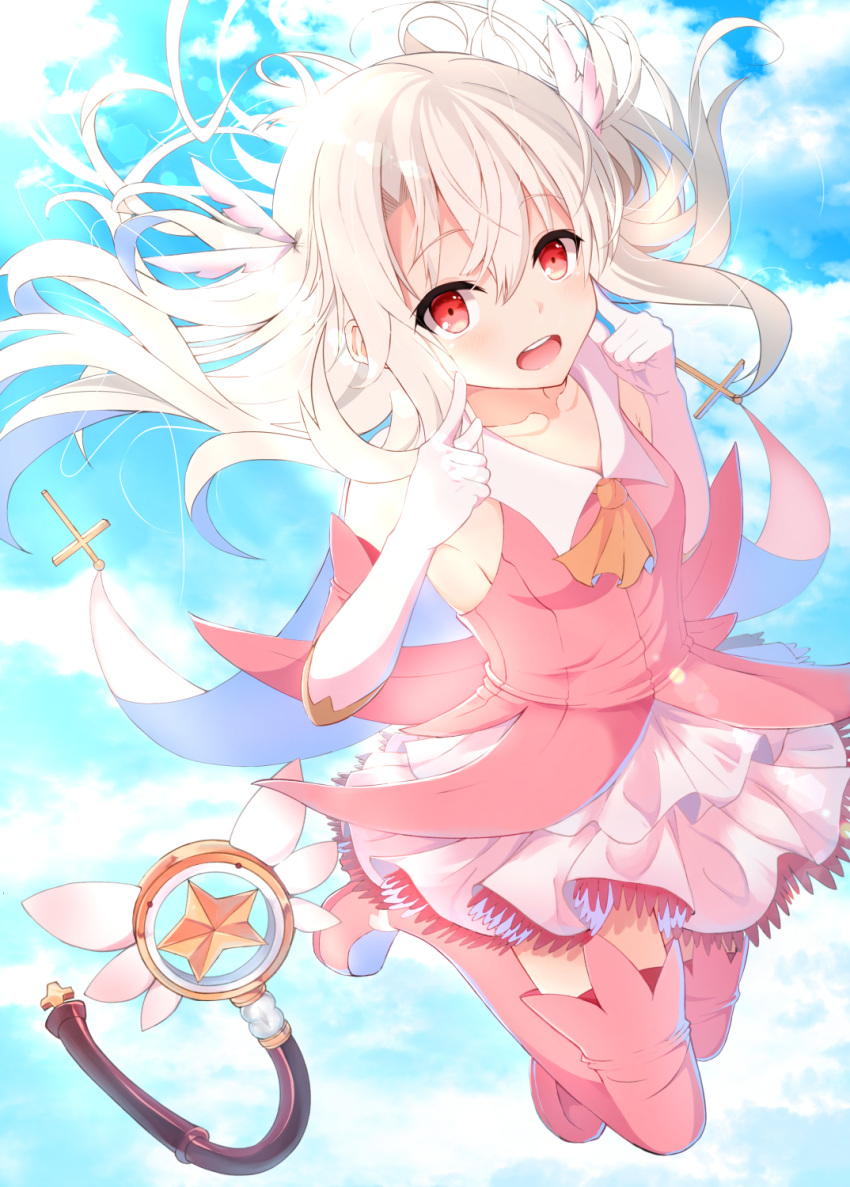 1girl :d ascot bare_shoulders blue_sky blush boots brown_ascot cloud cloudy_sky collared_shirt cross day detached_sleeves elbow_gloves english_commentary fate/kaleid_liner_prisma_illya fate_(series) fingers_to_cheeks full_body gloves grey_hair hair_between_eyes highres illyasviel_von_einzbern latin_cross long_hair long_sleeves magical_girl magical_ruby open_mouth pink_footwear pink_shirt pink_sleeves pink_thighhighs pleated_skirt prisma_illya red_eyes revision round_teeth shirt skirt sky sleeveless sleeveless_shirt smile solo teeth thigh_boots thighhighs two_side_up upper_teeth_only very_long_hair white_gloves white_skirt yuzuzukushi