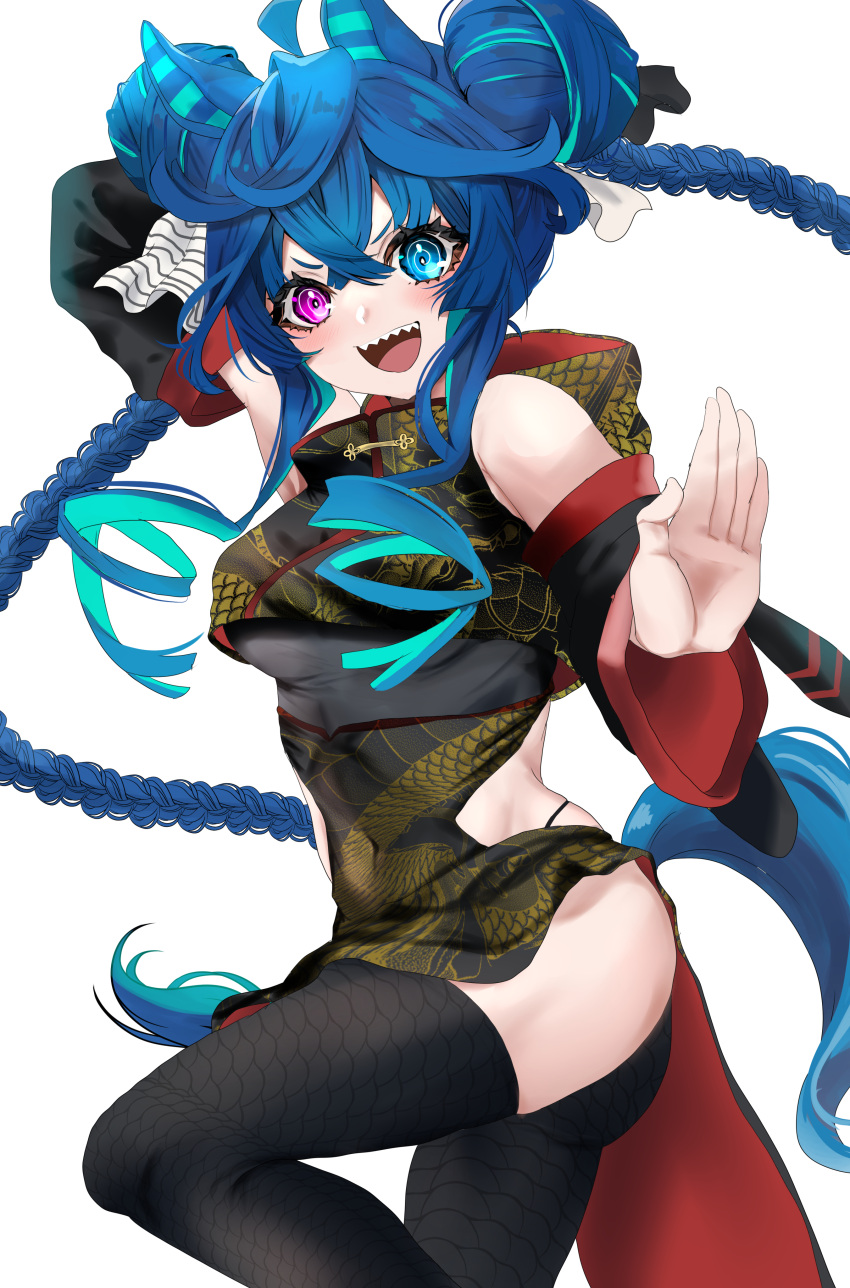 1girl absurdres ahoge alternate_hairstyle animal_ears aqua_hair arm_up black_dress black_panties black_sleeves black_thighhighs blue_dress blue_eyes braid china_dress chinese_clothes clothing_cutout commentary crossed_bangs detached_sleeves double_bun dragon_print dress fighting_stance hair_bun hair_ribbon heterochromia highres horse_ears horse_girl horse_tail long_hair multicolored_hair open_mouth panties pelvic_curtain print_dress purple_eyes ribbon side_cutout sidelocks simple_background smile solo standing standing_on_one_leg tail textless_version thighhighs toa510 twin_braids twin_turbo_(umamusume) two-tone_hair umamusume underwear very_long_hair white_background white_ribbon