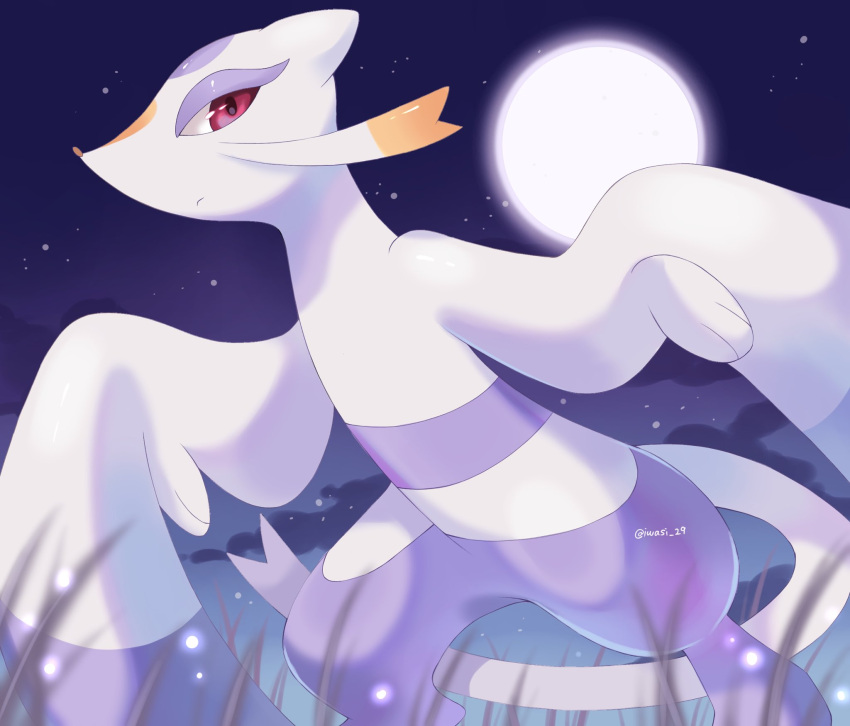 artist_name closed_mouth colored_skin commentary_request full_moon grass highres iwasi_29 looking_at_viewer mienshao moon multicolored_skin night night_sky pokemon pokemon_(creature) purple_skin red_eyes sky snout star_(sky) tail twitter_username two-tone_skin white_skin