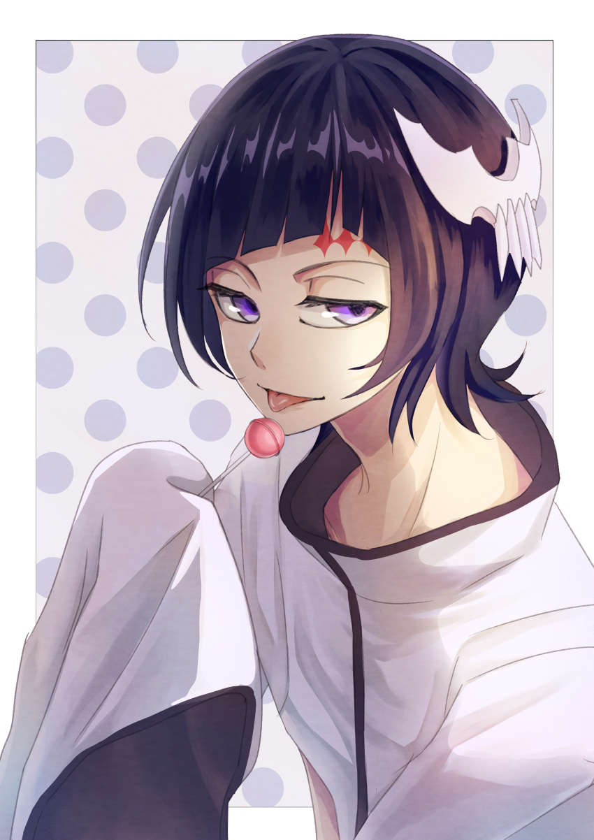 1boy absurdres black_hair bleach border candy commentary_request eyelashes food grey_background high_collar highres holding holding_candy holding_food holding_lollipop jitome lollipop long_hair luppi_antenor nose polka_dot polka_dot_background purple_eyes shirt short_hair simple_background sleeves_past_fingers sleeves_past_wrists solo sumire_1046 tongue tongue_out upper_body white_border white_shirt wide_sleeves
