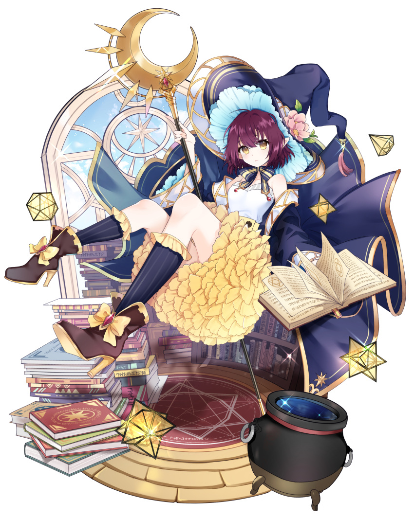 1girl absurdres blue_cape book book_stack bookshelf boots breasts cape carpet cauldron closed_mouth crescent crescent_wand diamond_(shape) expressionless fenghu_(huli) frilled_skirt frilled_socks frills grimoire hat high_heel_boots high_heels highres holding holding_book holding_wand kneehighs looking_at_viewer open_book original polyhedron pyramid_(geometry) red_hair shirt short_hair sigil simple_background single_bare_shoulder skirt small_breasts socks solo sparkle wand white_background white_shirt window witch witch_hat yellow_eyes yellow_skirt