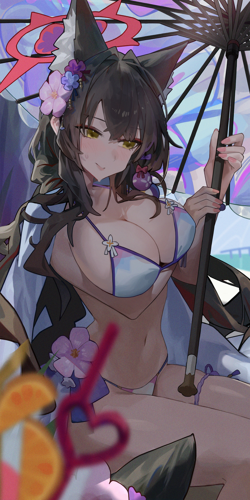 1girl absurdres animal_ear_fluff animal_ears bikini black_hair blue_archive blue_bikini blush breasts cleavage closed_mouth flower fox_ears fox_tail hair_flower hair_ornament halo highres holding holding_umbrella large_breasts long_hair official_alternate_costume parasol pink_flower purple_flower red_halo renn_01 smile solo swimsuit tail umbrella wakamo_(blue_archive) wakamo_(swimsuit)_(blue_archive) yellow_eyes