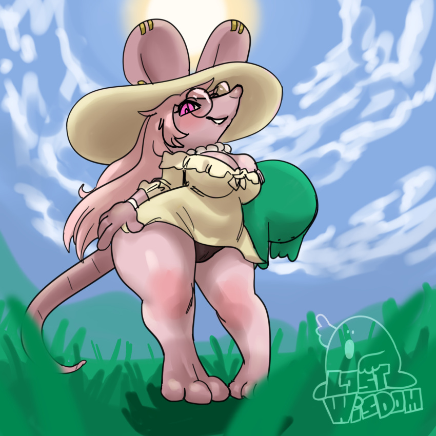 ambiguous_gender anthro bare_legs big_ears blob_creature clothing dress duo eyewear female glasses hat headgear headwear hi_res lostwisdom mammal mouse murid murine perspective rodent simple_background tail