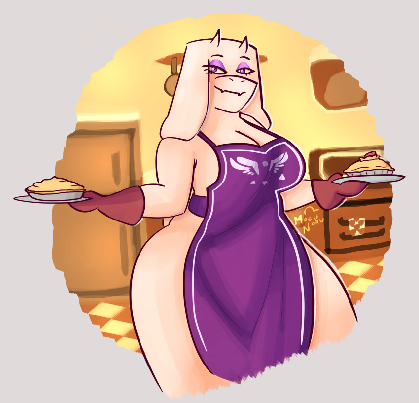 absurd_res anthro apron apron_only big_breasts boss_monster bovid breasts caprine cleavage clothed clothing eyelashes eyeshadow fangs female floppy_ears food fur gloves goat grey_background handwear hi_res holding_food holding_object horn lop_ears makeup mammal mature_female mosunoru pastry pie purple_apron purple_eyes purple_eyeshadow red_clothing red_gloves red_handwear simple_background smile solo teeth thick_thighs toriel undertale undertale_(series) white_body white_fur white_horn wide_hips